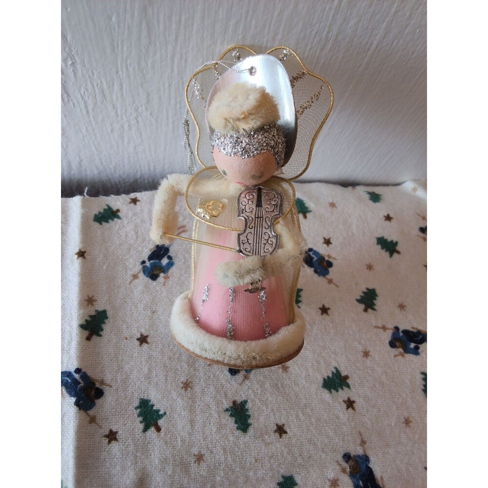 Vtg Japan Angel Paper Head Tulle Wings Chenille Arms Christmas Decor Violin MCM